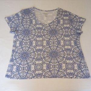 Women's patterned V-neck blue & white short sleeve